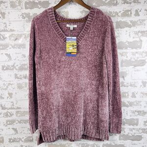Orvis Chenille Sweater Womans Large Mauve Dusty Rose Pink Ultra Soft V Neck Cozy